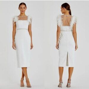 Mac Duggal 11438 White Feather Cap Sleeve Pearl Crepe Tea Length Dress Size 6